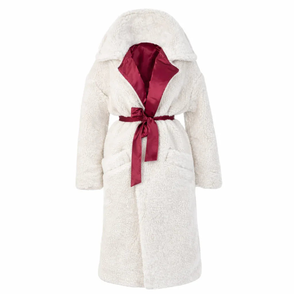 Oversized Woolen Coat with Maroon Silk Lining - White - MellowConceptStore