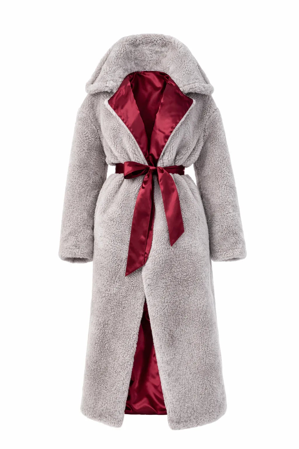 Oversized Woolen Coat with Maroon Silk Lining - Light Grey - MellowConceptStore