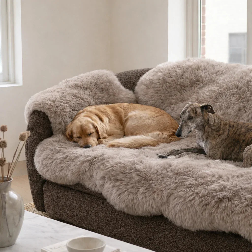 Genuine Beige Sheepskin Couch Cover for Dogs — Natural Sofa Protector (Plastic-Free) - MellowConceptStore