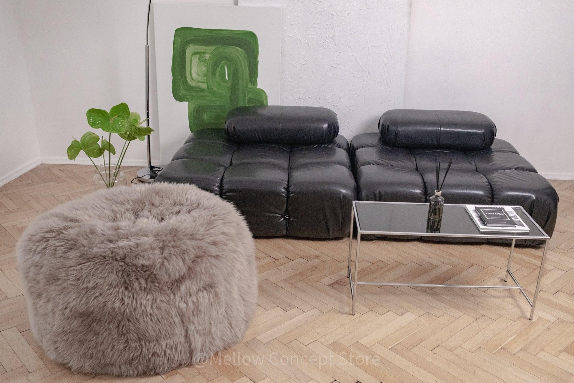 Natural Sheepskin Pouf / Ottoman Greige