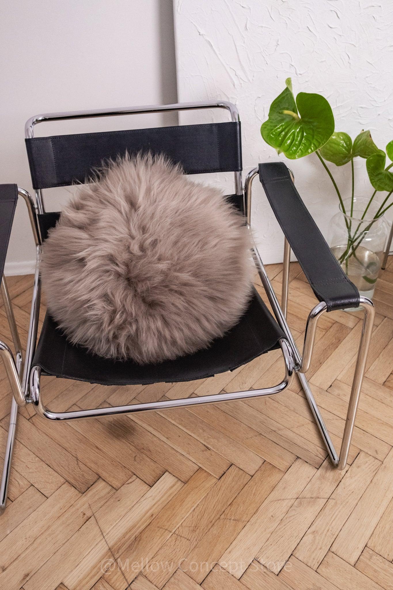 Round Natural Sheepskin Pillow Greige