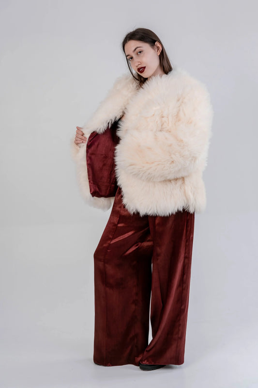 Sheepskin Fur / Coat with Burgundy Silk Lining - White - MellowConceptStore