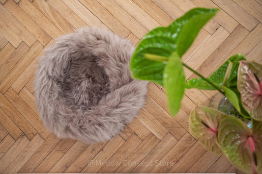 Round Natural Sheepskin Pet Bed - Greige - MellowConceptStore