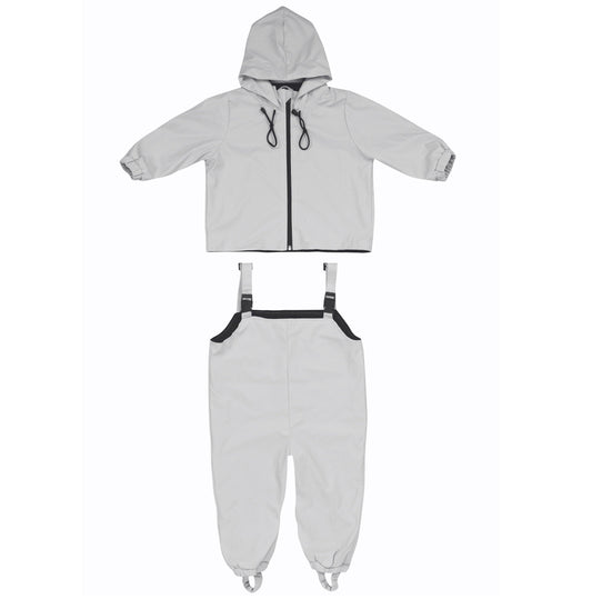 A two-piece Waterproof Baby Clothing Set - Silver comprising of a hooded jacket with a front zipper and snow pants with shoulder straps, designed specifically as children's clothing by MellowConceptStore.