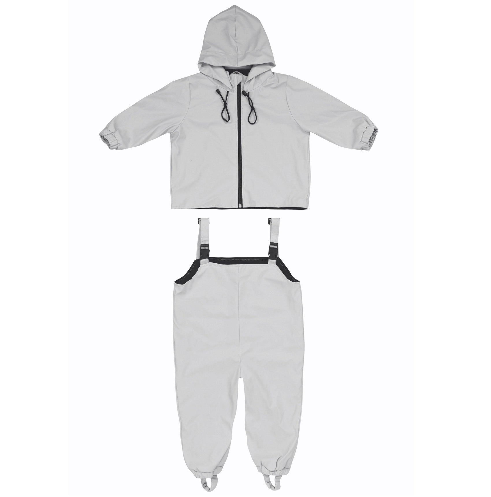 A two-piece Waterproof Baby Clothing Set - Silver comprising of a hooded jacket with a front zipper and snow pants with shoulder straps, designed specifically as children's clothing by MellowConceptStore.