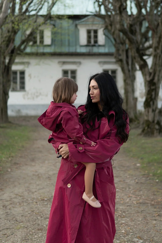Kid's Trench Coat - Burgundy Red - Cotton