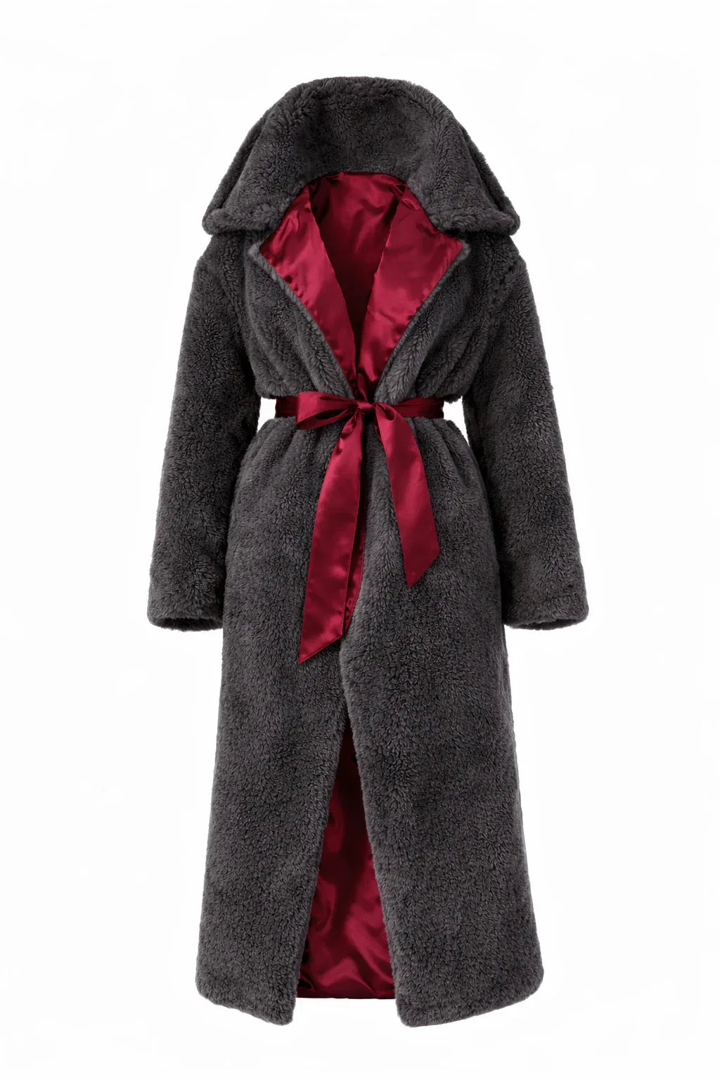 Oversized Woolen Coat with Maroon Silk Lining - Charcoal - MellowConceptStore