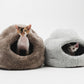 Two cats inside cozy pet beds on a white background | Natural, non‑toxic pet nest for cats and small dogs | Cozy, handmade pet furniture, natural wool and sheepskin


