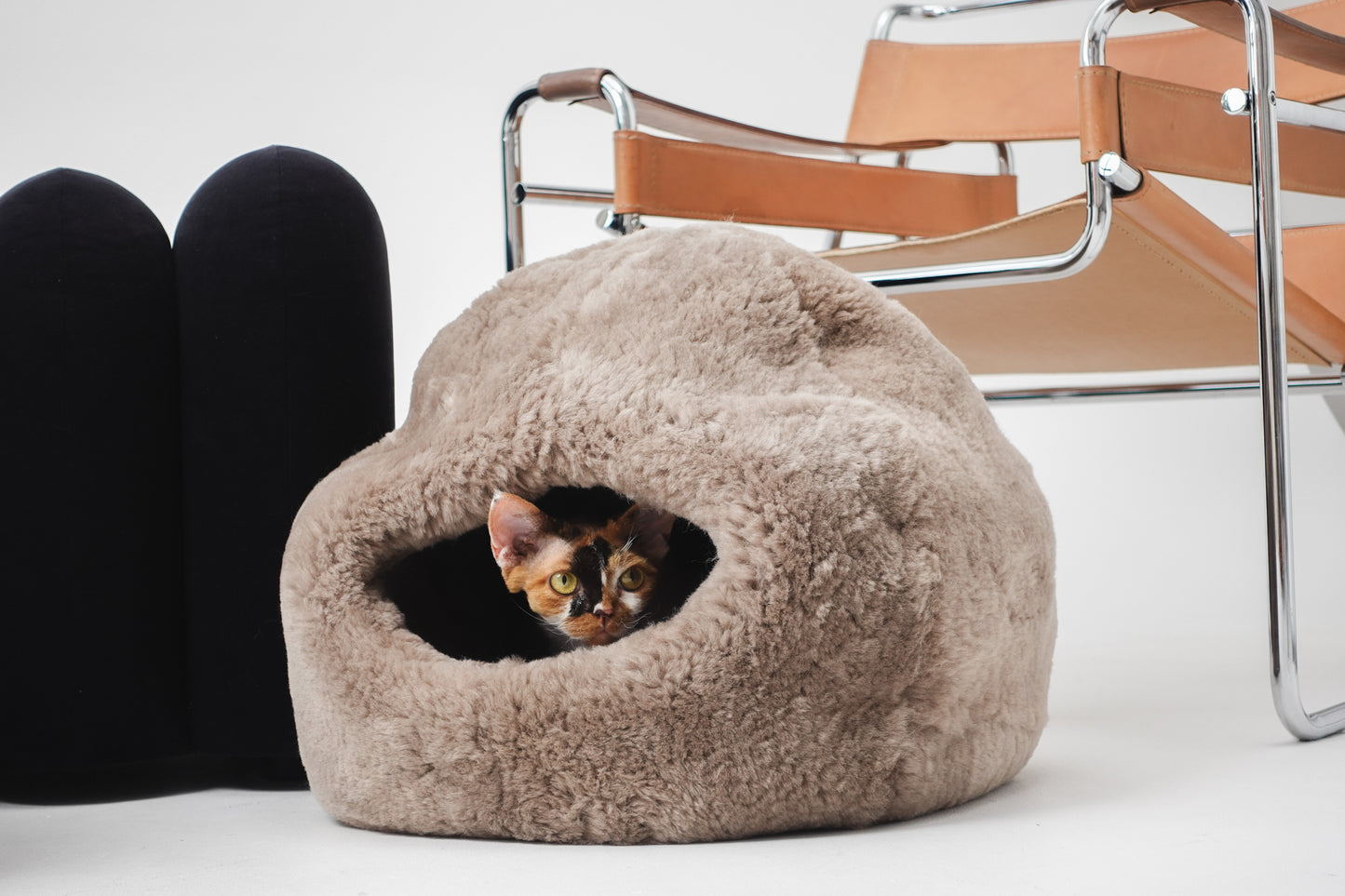 Cat peeking out from a fluffy sheepskin  pet bed on a white surface with a chair in the background. | Natural, non‑toxic pet nest for cats and small dogs | Cozy, handmade pet furniture, natural wool and sheepskin

