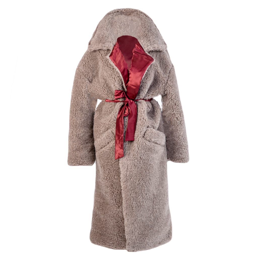 Oversized Woolen Coat with Maroon Silk Lining  Beige