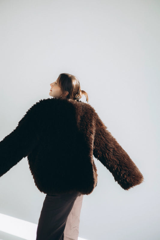 Sheepskin Fur / Coat with Burgundy Silk Lining - Brown - MellowConceptStore