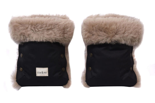 Waterproof Natural Sheepskin Stroller Hand Muffs Black&Beige
