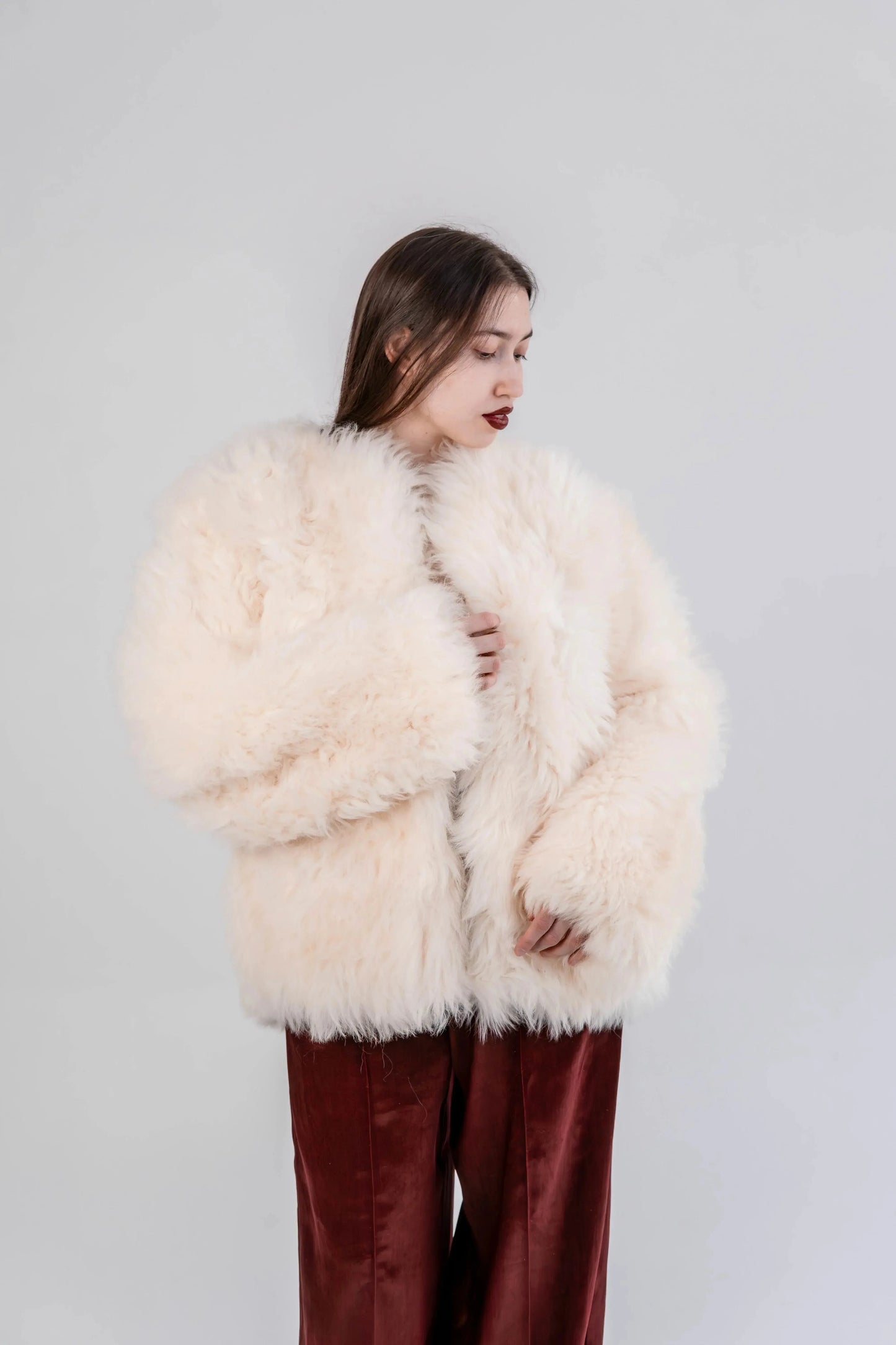 Sheepskin Fur / Coat with Burgundy Silk Lining - White - MellowConceptStore
